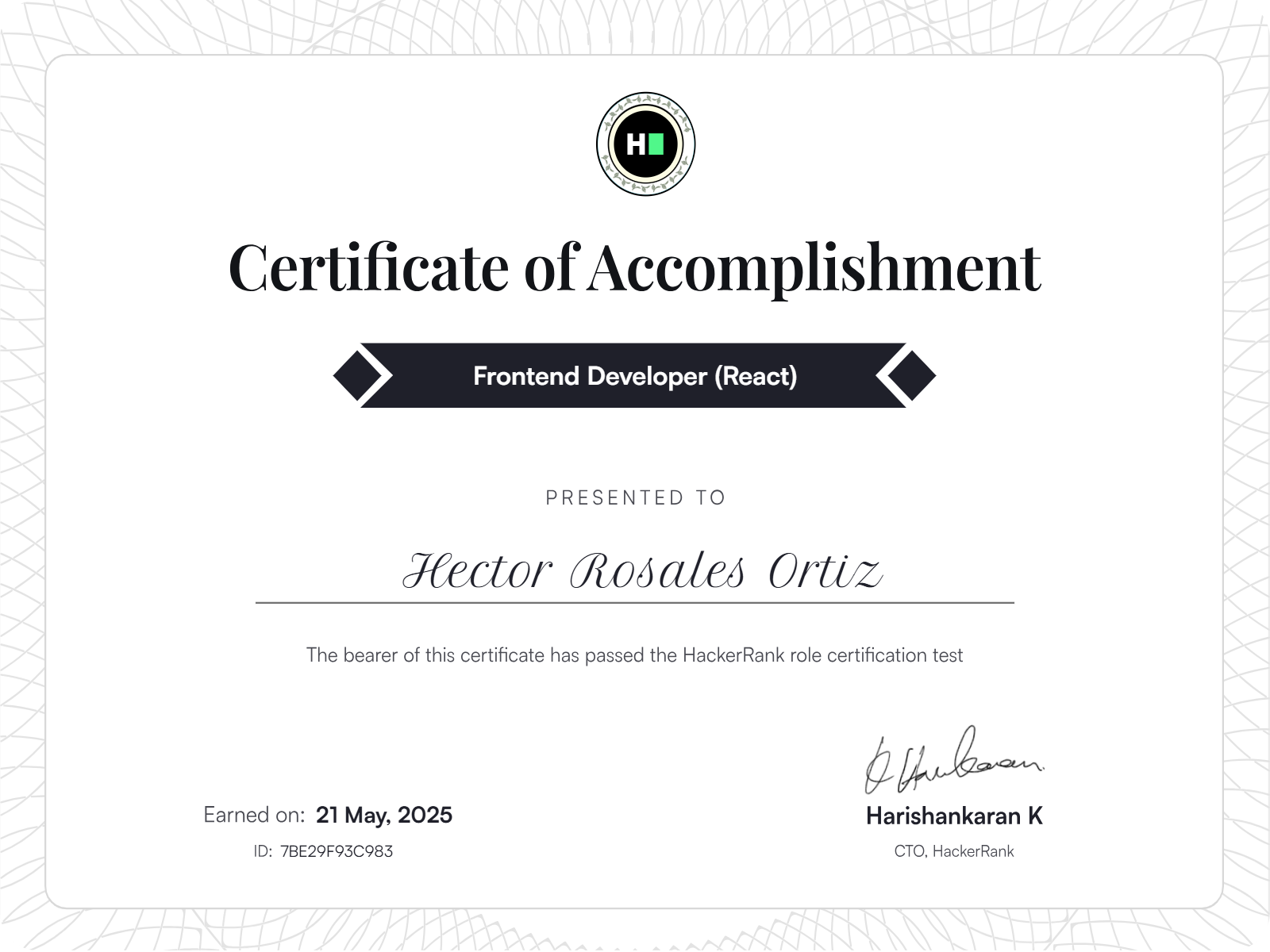 Frontend Developer (React) certificate